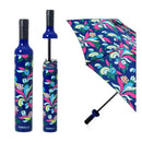 The Vinrella Floral Print Emmeline Bottle Umbrella is shown open and closed. Its no-drip design allows you to store it in a blue, bottle-shaped case with matching floral patterns and a wine bottle-style cap.