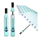 The Vinrella Lake Life & Seaside Bottle Umbrella features a compact, no-drip design with light blue and white stripes, navy anchor motifs, and comes in a matching bottle-shaped case with coordinating patterns.