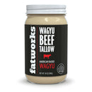 Rendered American Wagyu beef tallow in glass jar with smooth texture, ideal for grilling and smoking