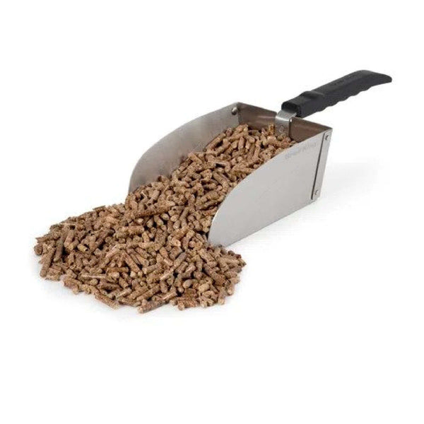Stainless steel pellet and charcoal scoop with integrated sifter and measuring base