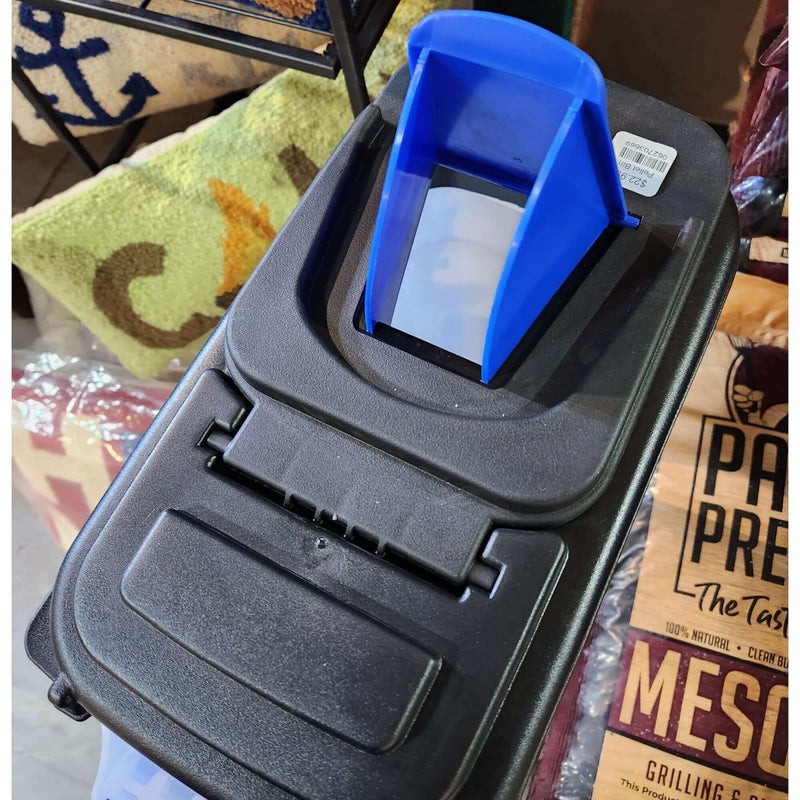 Pellet Storage Bin with heavy-duty handle and retractable spout for pellet grill fuel management