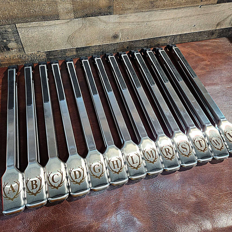 Personalized BBQ tongs with custom engraving, durable design, and soft-grip handle available at DDR BBQ Supply