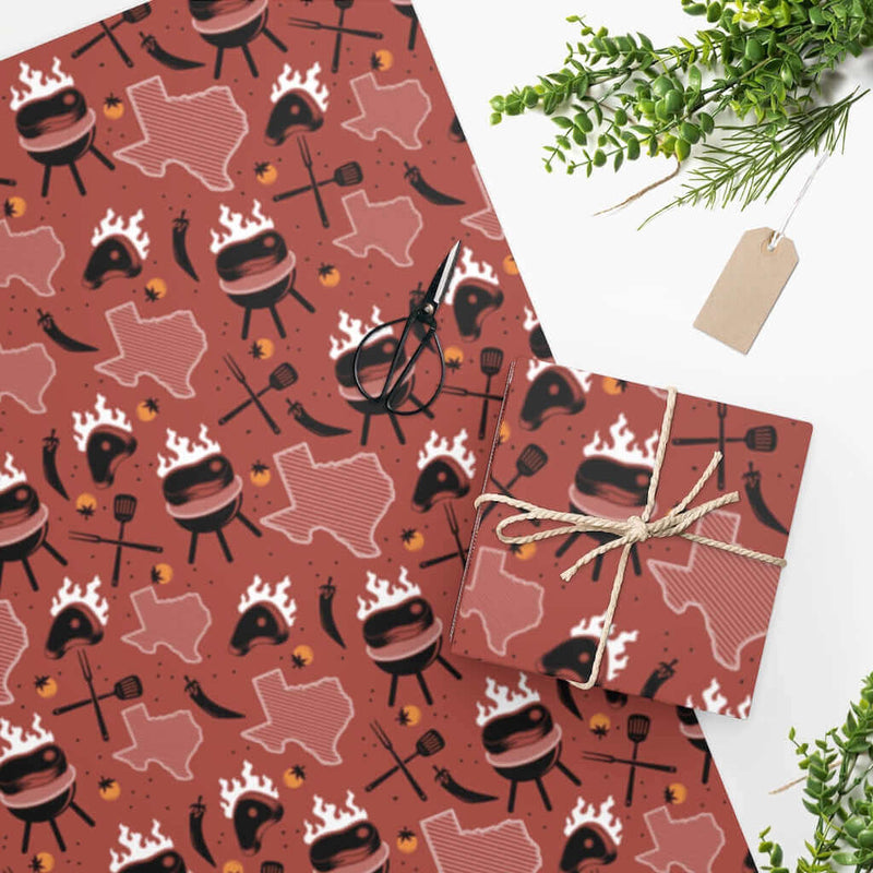 Lone Star BBQ Wrapping Paper in red with Texas, steaks, and grilling tools – available in 24x36 or 24x60 DDR BBQ Supply