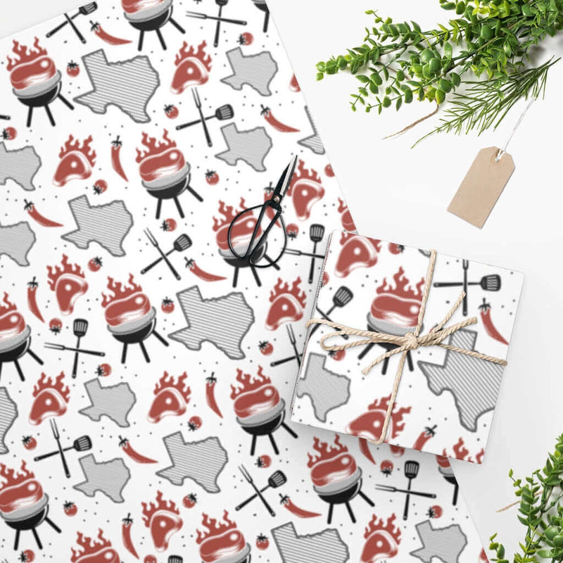 Lone Star BBQ Wrapping Paper in white with Texas, steaks, and grilling tools – available in 24x36 or 24x60 DDR BBQ Supply