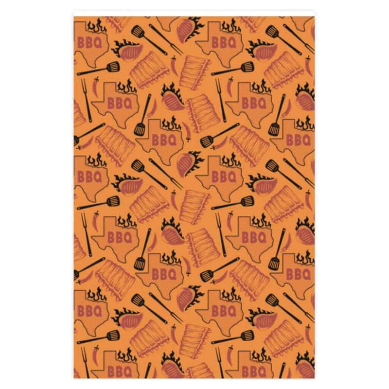 Texas BBQ Wrapping Paper in orange with Texas outline, BBQ lettering, grilling tools, and ribs – DDR BBQ Supply