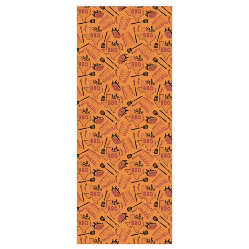Texas BBQ Wrapping Paper in orange with Texas outline, BBQ lettering, grilling tools, and ribs – DDR BBQ Supply