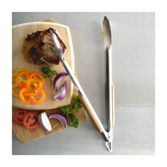 DDR BBQ Supply 18 inch BBQ tongs with stainless steel and Acacia wood handles for grilling and serving