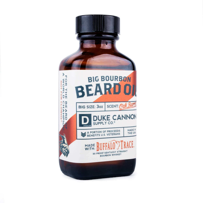 duke cannon big bourbon beard oil with oak barrel scent and organic ingredients in 3 oz bottle