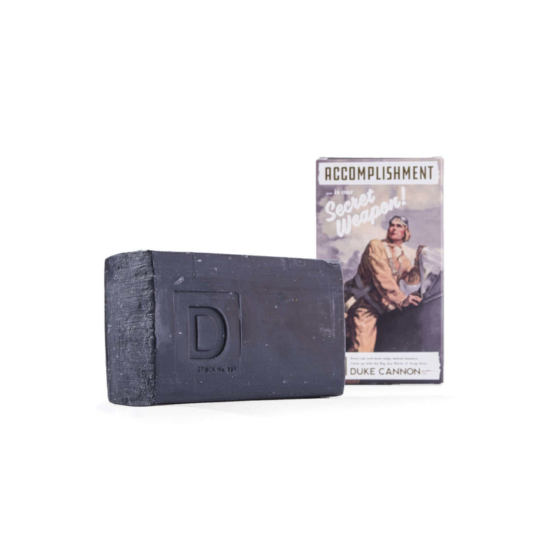 duke cannon wwii accomplishment soap bar with charcoal and bergamot black pepper scent