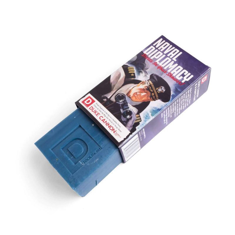 duke cannon wwii naval diplomacy soap bar with bergamot and black pepper scent and military-inspired packaging