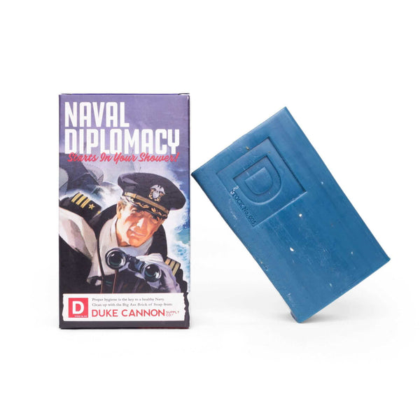 duke cannon wwii naval diplomacy soap bar with bergamot and black pepper scent and military-inspired packaging