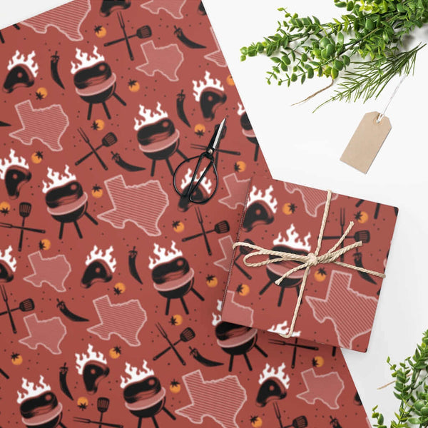 Lone Star BBQ Wrapping Paper in red with Texas, steaks, and grilling tools – available in 24x36 or 24x60 DDR BBQ Supply