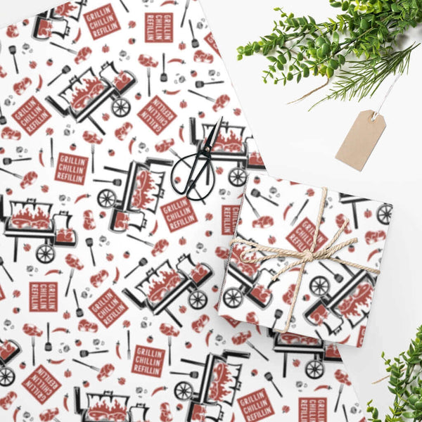 White Grillin’ Chillin’ Refillin’ BBQ Wrapping Paper with smokers and steaks – available in 24x36 or 24x60