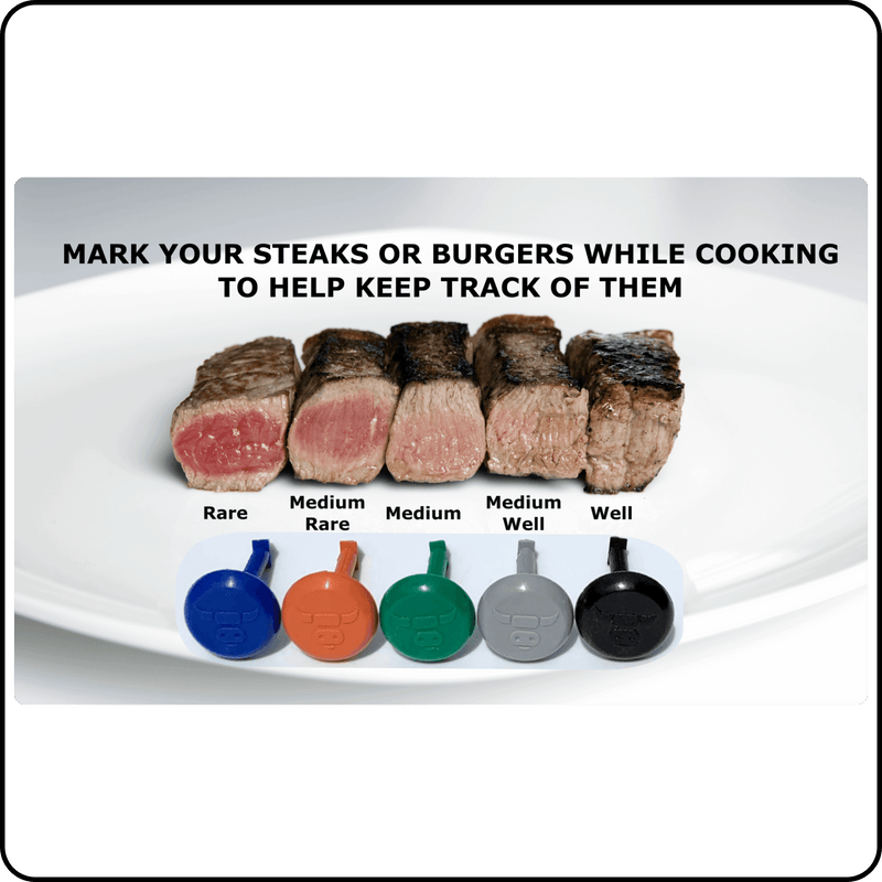 Grill Pinz nylon bacon holders and colorful meat markers safe for grilling up to 500°F