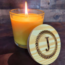 Monogrammed soy wax candle in 14 oz size with multiple scent options at DDR BBQ Supply