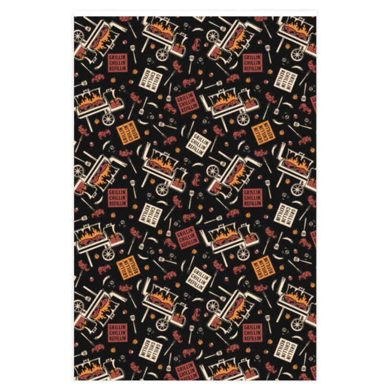 Multicolored Grillin’ Chillin’ Refillin’ BBQ Wrapping Paper (red, orange, black) with smokers and steaks – available in 24x36 or 24x60