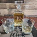 Personalized decanter and two 10.5 oz. rocks glasses with optional 10" x 10" leatherette tray (Grey or Rawhide) at DDR BBQ Supply
