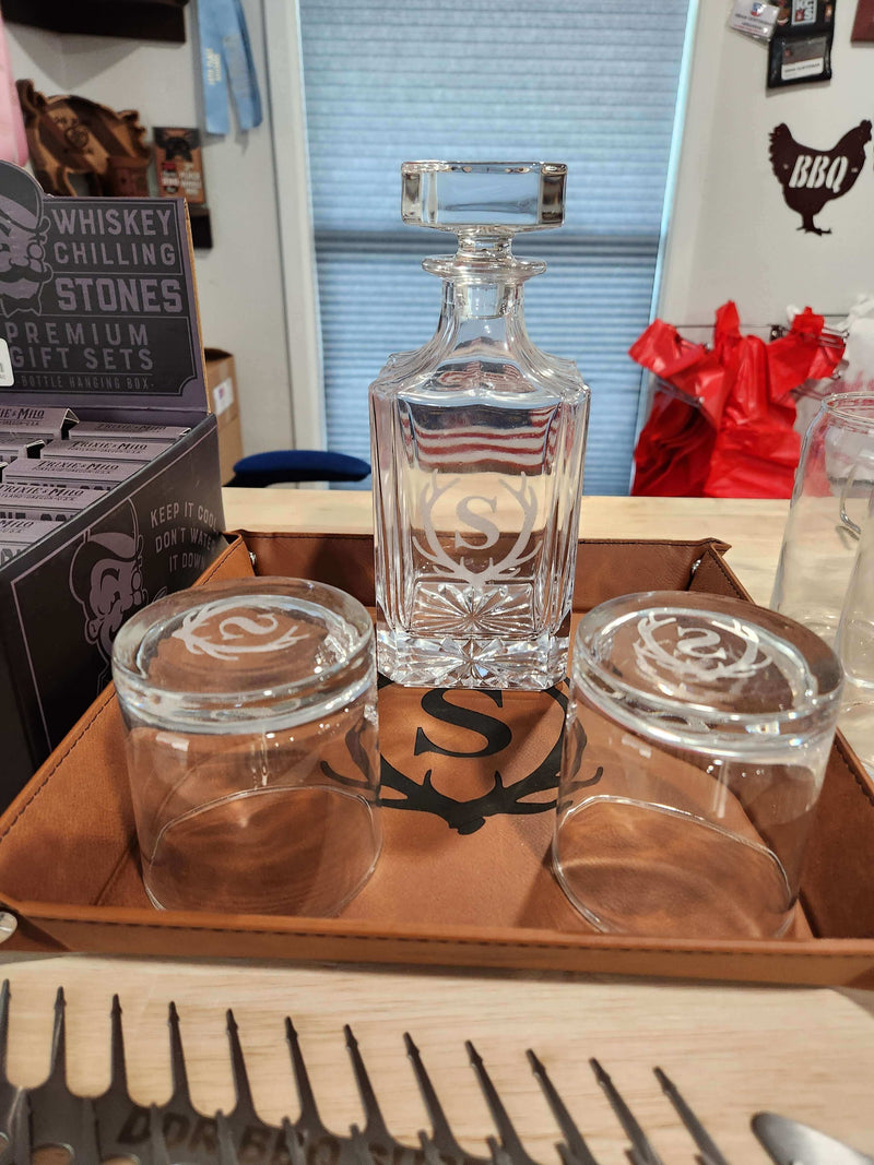 Personalized decanter and two 10.5 oz. rocks glasses with optional 10" x 10" leatherette tray (Grey or Rawhide) at DDR BBQ Supply