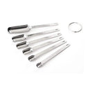set of 6 stainless steel measuring spoons with long handles and engraved measurements