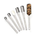 set of 6 stainless steel measuring spoons with long handles and engraved measurements