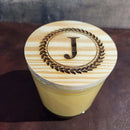 Monogrammed soy wax candle in 14 oz size with multiple scent options at DDR BBQ Supply