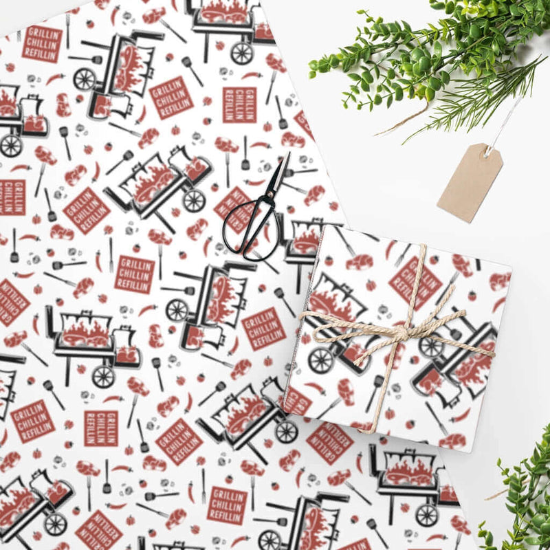 White Grillin’ Chillin’ Refillin’ BBQ Wrapping Paper with smokers and steaks – available in 24x36 or 24x60